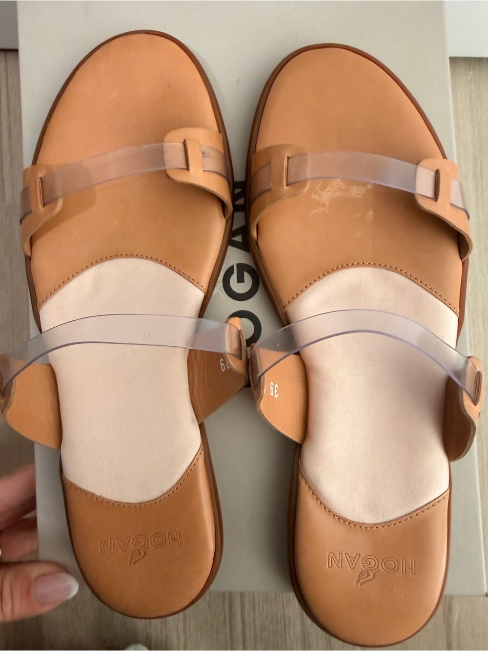 Hogan Tan Leather & Clear Strap Slide Sandals
